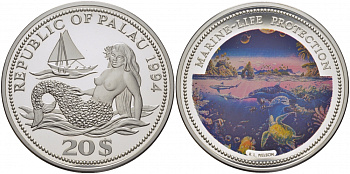 Палау 20 долларов 1994 водный мир Палау, цветная эмаль, 155 г., 5 унций тираж 3000 экз. KM 7 серебро PROOF 01-019-21-2