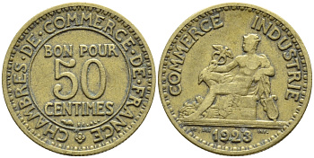 ФРАНЦИЯ 50 САНТИМОВ 1923 CHAMBRES DE COMMERCE KM 834, LE FRANC 191.6 алюминиевая бронза 4392-729