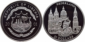 Либерия 20 долларов 2001 серия церкви Европы, Нидерланды, Святой Николай, сертификат серебро PROOF 01-107-41