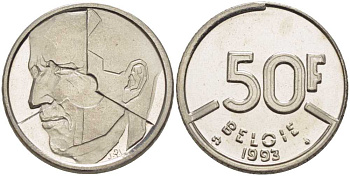 БЕЛЬГИЯ 50 ФРАНКОВ 1993 BELGIE, БОДУЭН I (1951-1993) KM 169 никель 4390-835
