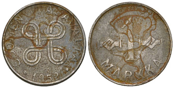 Финляндия 1 марка 1952 KM 36 железо 4173-1063