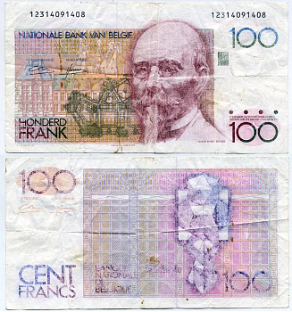 БЕЛЬГИЯ 100 ФРАНКОВ 1982-1994 ПОДПИСЬ (4 И 12) АРХИТЕКТОР ХЕНДРИК БЕЙЕРТ Pick 142а бумага 6301-35-3