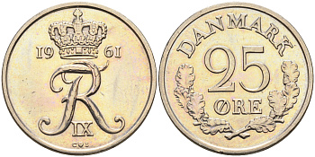 Дания 25 эре 1961 C. S, Фредерик IX (1947-1972) КМ 850 медно-никель    4177-256