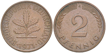 ФРГ 2 ПФЕННИГА 1971 J KM 106а, J. 381а сталь плакированная сталь плакированная медьюю 4181-764
