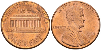 США 1 цент 1998 D, Линкольн KM 201b цинк плакированный медью 4115-928