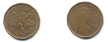 КАНАДА 1 ЦЕНТ 1983 ЕЛИЗАВЕТА II, КЛЕНОВЫЙ ЛИСТ KM 132 бронза 177-1457