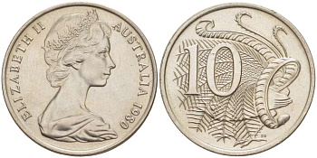Австралия 10 центов 1980 Елизавета II (1952-), птица лирахвост KM 65 медно-никель UNC 4519-423
