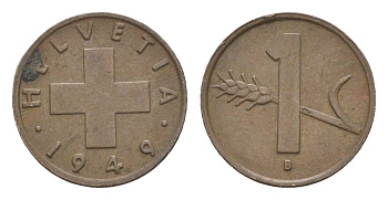 Швейцария 1 раппен 1949 B KM 46 бронза 4649-544