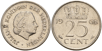 Нидерланды 25 центов 1968 Юлиана (1949-1980) KM 183 никель    4598-429