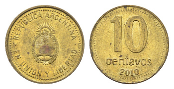 Аргентина 10 сентаво 2010 KM 107a сталь плакированная латунью UNC 4664-613