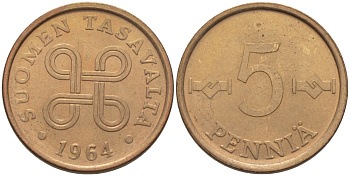 ФИНЛЯНДИЯ 5 ПЕННИ 1964 KM 45 медь 100-157