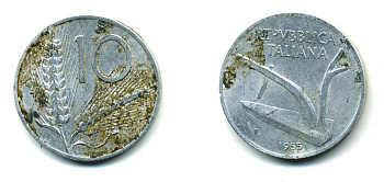 ИТАЛИЯ 10 ЛИР 1955 R, КОЛОСЬЯ, ПЛУГ KM 93 алюминий 23-1136