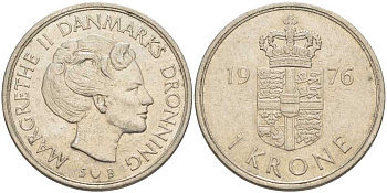 ДАНИЯ 1 КРОНА 1976 S; B, МАРГРЕТЕ II (1972-) KM 862.1 медно-никель 4388-444