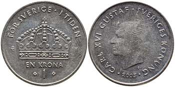 Швеция 1 крона 2005 Карл XVI Густав (1973- ) KM 894 медно-никель 93-117