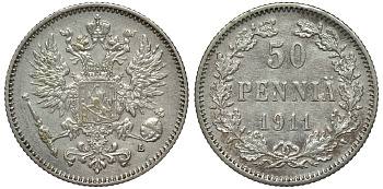 Россия для Финляндии 50 пенни 1911 L, Николай II (1894-1917) КМ 2.2, Биткин 404 серебро 75-845