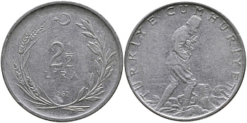 ТУРЦИЯ 2 1/2 ЛИРЫ 1962 KM 893.1 нержавеющая сталь 29-1034