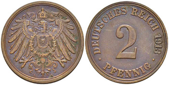 Германия 2 пфеннига 1913 A KM 16, J. 11, Weege 4 медь 206-638