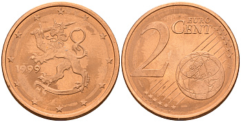Финляндия 2 евроцента 1999  KM 99 сталь плакированная медью  UNC  4160-337