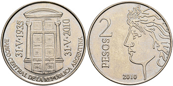 Аргентина 2 песо 2010 75 лет Центральному Банку KM 162 медно-никель  UNC  59-212