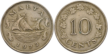 Мальта 10 центов 1972 баржа Великого магистра KM 11 медно-никель 82-534