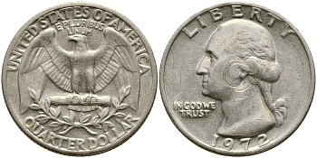 США 25 центов (квотер) 1972 Вашингтон KM 164а медь плакированная медно-никелем 4388-331