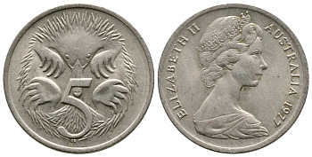 АВСТРАЛИЯ 5 ЦЕНТОВ 1977 ЕЛИЗАВЕТА II, МОЛОДОЙ ПОРТРЕТ, ЕХИДНА KM 64 медно-никель 23-1435