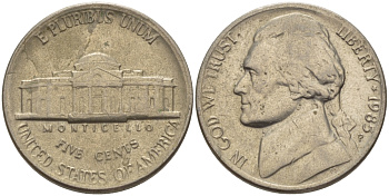 США 5 ЦЕНТОВ 1985 Р, ДЖЕФФЕРСОН KM А192 медно-никель 31-645