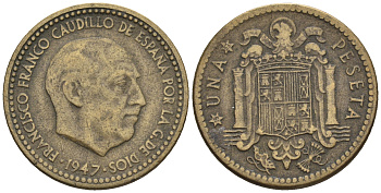 Испания 1 песета 1947 (53) Франсиско Франко (1939-1975) KM 775 алюминиевая бронза 85-643