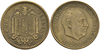 Испания 1 песета 1963 (?) Франсиско Франко (1939-1975) KM 775 алюминиевая бронза 3336-821