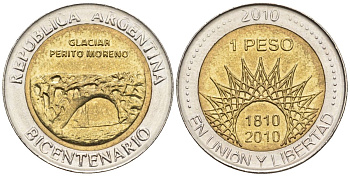 Аргентина 1 песо 2010 200 лет Аргентине - ледник Перито-Морено KM 160, CJ 6.18, Schon 169 биметалл    60-834