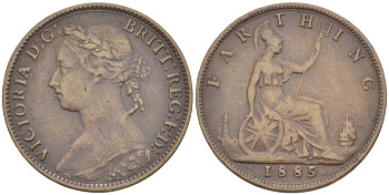 Великобритания 1 фартинг 1885 Виктория (1837-1901) KM 753, Spink 3958 бронза 4543-915