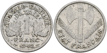Франция 1 франк 1942 LB, тип Lourde, правительство Виши KM 902.1, Le Franc 222.2 алюминий 4142-911