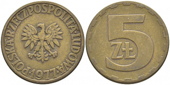 Польша 5 злотых 1977 монетный двор Ленинград (ЛМД) KM 81.1, Parchimowicz 221c латунь 3856-525