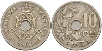 БЕЛЬГИЯ 10 САНТИМОВ 1904 BELGIE KM 53 медно-никель 4546-134