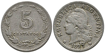 Аргентина 5 сентаво 1897 голова свободы влево KM 9 медно-никель 4528-221