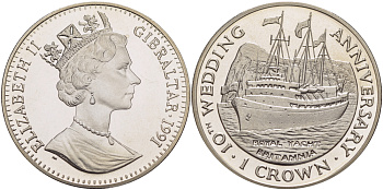 Гибралтар 1 крона 1991 10 лет королевской свадьбы, королевская яхта Британия KM 86 медно-никель BUNC 1084-8-31