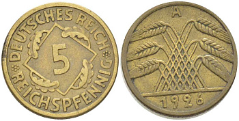 ГЕРМАНИЯ 5 РЕЙХСПФЕННИГОВ 1926 A KM 39, J. 316, Weege 7 алюминиевая бронза 206-813