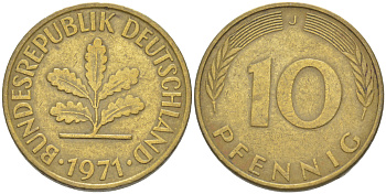 ФРГ 10 ПФЕННИГОВ 1971 J KM 108, J. 383 сталь плакированная латунью 4182-824