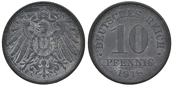 Германия 10 пфеннигов 1918 KM 26, J. 299, Weege 8 цинк 4119-323
