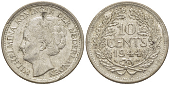 Нидерланды 10 центов 1944 Вильгельмина (1890-1948) KM 163 серебро aUNC 66-1255
