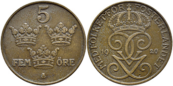 Швеция 5 эре 1920 Густав V (1907-1950) KM 779.2 бронза 4394-844