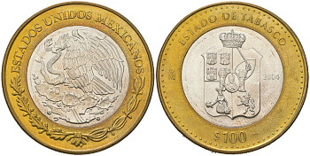 Мексика 100 песо 2004 180 лет Федерации - Табаско KM 693 биметалл, серебро BU 00-1067-10-63