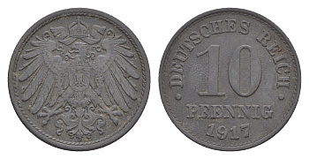 Германия 10 пфеннигов 1917 Вильгельм II (1888-1918) KM 26, J. 299 цинк 4640-339