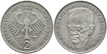 ФРГ 2 МАРКИ 1990 D, КУРТ ШУМАХЕР KM 149, J. 424 медно-никель плакированный никелем 79-511