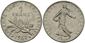 Франция 1 франк 1960 сеятель KM 925.1, Le Franc 226.4 никель 4138-252