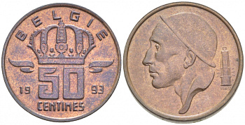 БЕЛЬГИЯ 50 САНТИМОВ 1993 BELGIE, БОДУЭН I (1951-1993) KM 149.1 бронза 3996-1226