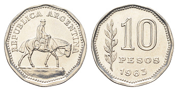 Аргентина 10 песо 1963 Гаучо KM 60 сталь плакированная никелем UNC 4662-723