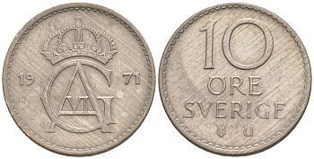 Швеция 10 эре 1971 Густав VI Адольф (1950-1973) KM 835 медно-никель UNC 187-823