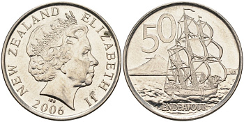 Новая Зеландия 50 центов 2006 Елизавета II (1952-2022), парусник Индевор KM 119а никелированная сталь 4579-1041
