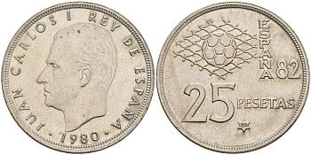 Испания 25 песет 1982 (80) Чемпионат мира по футболу 1982 года в Испании, Хуан Карлос I (1975 - 2014) KM 818 медно-никель 4531-1232